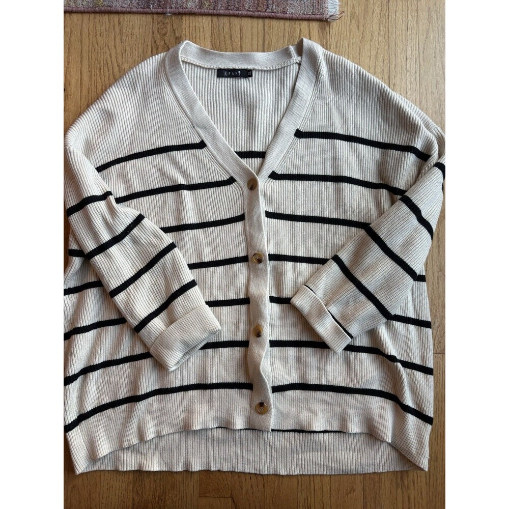 Women’s XL Cream Black Striped Cardigan Sweater Button Front Oversized Coastal
